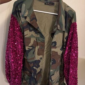 Camo Jacket with Pink Sequin Sleeves
